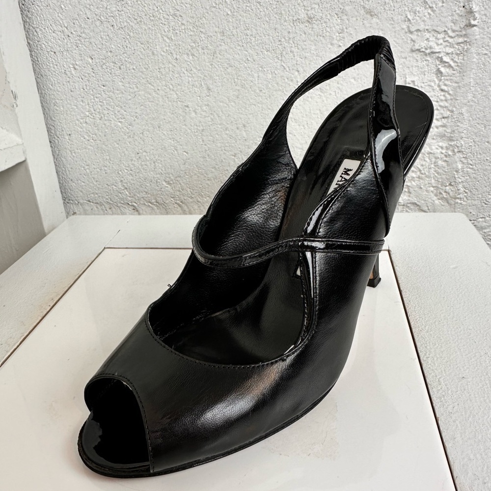 Manolo Blahnik Black Leather Printed Slingback Peep Toe Pumps – Size 36.5 Gift - Picture 4 of 13